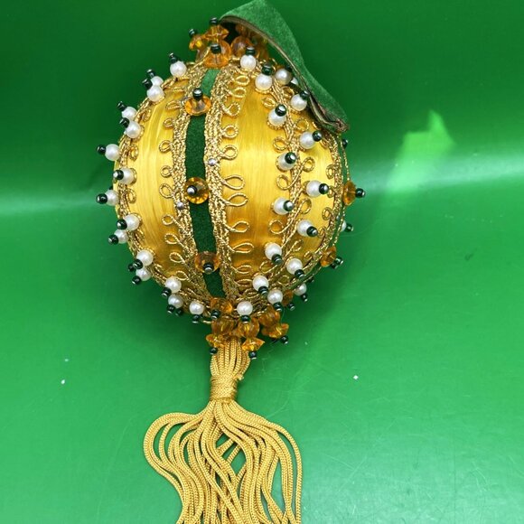 VTG Satin Ball Mesh Heart Star Angel Ornament Set/4 Gold Silver Tassel Beaded - Picture 5 of 10